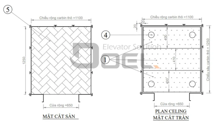 Bảng vẽ mặt cắt trần và sàn của thang máy Doel Việt Nam