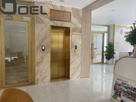 nền ốp đá sọc nhuyễn làm nổi bật cabin vàng của thang máy